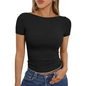 imageTrendy Queen Womens Boat Neck Tops Short Sleeve TShirts Going Out Compression Summer Y2k Basic Clothes 2025Black