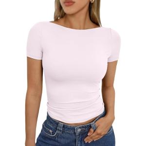 imageTrendy Queen Womens Boat Neck Tops Short Sleeve TShirts Going Out Compression Summer Y2k Basic Clothes 2025Lightpink