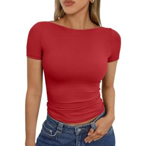 imageTrendy Queen Womens Boat Neck Tops Short Sleeve TShirts Going Out Compression Summer Y2k Basic Clothes 2025Red