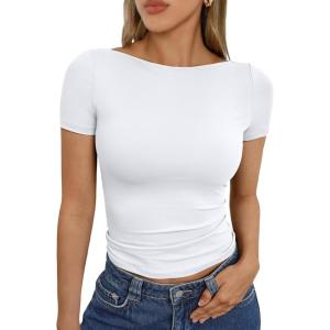 imageTrendy Queen Womens Boat Neck Tops Short Sleeve TShirts Going Out Compression Summer Y2k Basic Clothes 2025White