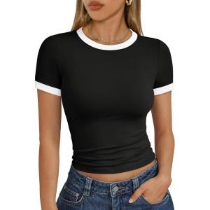 imageTrendy Queen Womens Crop Cute Tops Summer Top 2025 Y2k Short Sleeve Shirts Crewneck Color Block Slim Fit Basic ShirtBlack