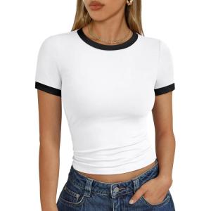 imageTrendy Queen Womens Crop Cute Tops Summer Top 2025 Y2k Short Sleeve Shirts Crewneck Color Block Slim Fit Basic ShirtWhite