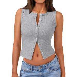 imageTrendy Queen Womens Ribbed Button Down Sleeveless Shirts Summer Going Out Cropped Tank TopLight Grey