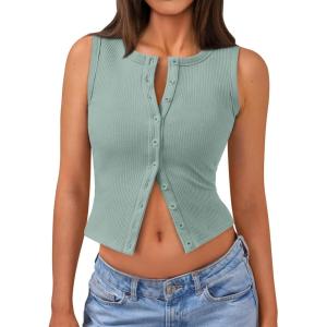 imageTrendy Queen Womens Ribbed Button Down Sleeveless Shirts Summer Going Out Cropped Tank TopSage
