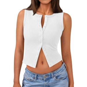 imageTrendy Queen Womens Ribbed Button Down Sleeveless Shirts Summer Going Out Cropped Tank TopWhite