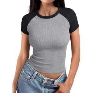 imageTrendy Queen Womens Spring Tops 2025 Crewneck Ribbed Short Sleeve Shirts Summer Raglan Sleeve Crop Top Cute Slim OutfitsGreyblack