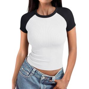 imageTrendy Queen Womens Spring Tops 2025 Crewneck Ribbed Short Sleeve Shirts Summer Raglan Sleeve Crop Top Cute Slim OutfitsWhiteblack