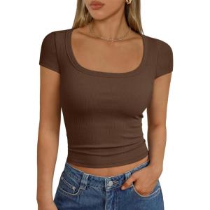 imageTrendy Queen Womens Square Neck Ribbed Basic Going Out Crop Tops Short Sleeve T Shirts Summer Clothes 2025Brown