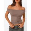 imageTrendy Queen Off The Shoulder Tops for Women Going Out Y2K Summer Cute Shirts Sexy 2025 Double Lined Spring Club OutfitsCoffeegrey