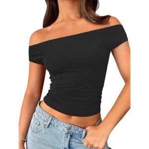 imageTrendy Queen Off The Shoulder Tops for Women Going Out Y2K Summer Cute Shirts Sexy 2025 Double Lined Spring Club OutfitsBlack