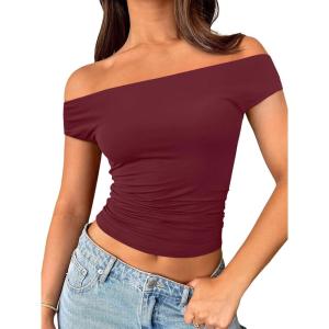imageTrendy Queen Off The Shoulder Tops for Women Going Out Y2K Summer Cute Shirts Sexy 2025 Double Lined Spring Club OutfitsBurgundy