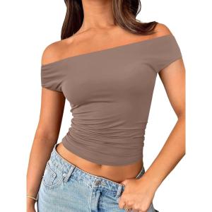 imageTrendy Queen Off The Shoulder Tops for Women Going Out Y2K Summer Cute Shirts Sexy 2025 Double Lined Spring Club OutfitsCoffeegrey