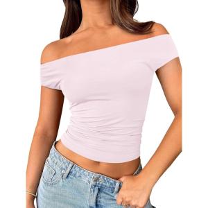 imageTrendy Queen Off The Shoulder Tops for Women Going Out Y2K Summer Cute Shirts Sexy 2025 Double Lined Spring Club OutfitsPink