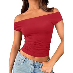 imageTrendy Queen Off The Shoulder Tops for Women Going Out Y2K Summer Cute Shirts Sexy 2025 Double Lined Spring Club OutfitsRed