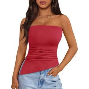 imageTrendy Queen Womens Summer Going Out Tube Tops Strapless Asymmetrical Bandeau Backless Corset Cute Teen Girls Y2k ShirtsRed