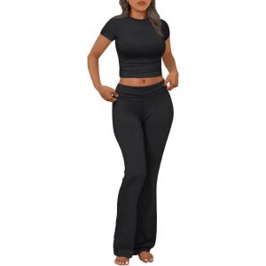 imageTrendy Queen Lounge Sets For Women 2 Piece Casual Y2K Outfits Short Sleeve Cropped Tops Fold Over Flare Pants Tracksuits