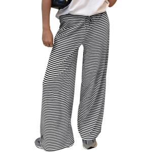 imageTrendy Queen Womens Striped Ribbed Wide Leg Pants Casual Drawstring Elastic Waist Baggy Sweatpants with PocketsBlack White