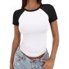 imageTrendy Queen Womens Short Sleeve Slim Fit Slightly Crop Color Block Crew Neck Basic T Shirts Stretchy Summer Tops 2025Black White