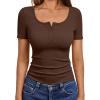 imageTrendy Queen Womens Short Sleeve Summer Tops Ribbed Henley T Shirts Basic Tee Cute Casual Spring Fashion Clothes 2025Coffee