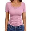 imageTrendy Queen Womens Short Sleeve Summer Tops Ribbed Henley T Shirts Basic Tee Cute Casual Spring Fashion Clothes 2025Pink