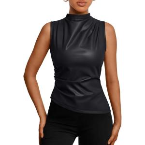 imageTrendy Queen Going Out Tops Leather Top Fall Outfits 2025 Asymmetrical Mock Neck p Sexy Corset Club OutfitBlack