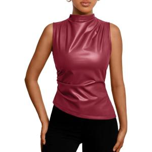 imageTrendy Queen Going Out Tops Leather Top Fall Outfits 2025 Asymmetrical Mock Neck p Sexy Corset Club OutfitRed