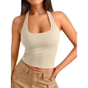 imageTrendy Queen Halter Tops for Women 2025 Summer Going Out Tops Backless Crop Sleeveless Workout Shirts Cute Y2k ClothesApricot