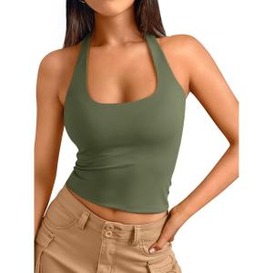 imageTrendy Queen Halter Tops for Women 2025 Summer Going Out Tops Backless Crop Sleeveless Workout Shirts Cute Y2k ClothesArmy Green