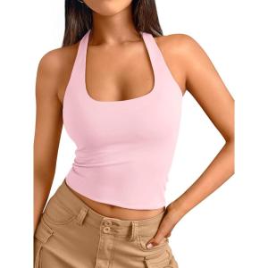 imageTrendy Queen Halter Tops for Women 2025 Summer Going Out Tops Backless Crop Sleeveless Workout Shirts Cute Y2k ClothesBabypink