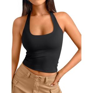 imageTrendy Queen Halter Tops for Women 2025 Summer Going Out Tops Backless Crop Sleeveless Workout Shirts Cute Y2k ClothesBlack