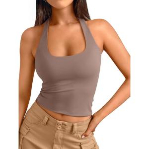 imageTrendy Queen Halter Tops for Women 2025 Summer Going Out Tops Backless Crop Sleeveless Workout Shirts Cute Y2k ClothesCoffeegrey