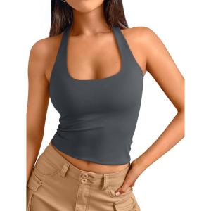 imageTrendy Queen Halter Tops for Women 2025 Summer Going Out Tops Backless Crop Sleeveless Workout Shirts Cute Y2k ClothesGreyblue