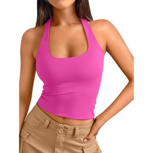 imageTrendy Queen Halter Tops for Women 2025 Summer Going Out Tops Backless Crop Sleeveless Workout Shirts Cute Y2k ClothesHot Pink