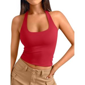 imageTrendy Queen Halter Tops for Women 2025 Summer Going Out Tops Backless Crop Sleeveless Workout Shirts Cute Y2k ClothesRed