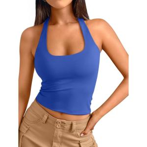 imageTrendy Queen Halter Tops for Women 2025 Summer Going Out Tops Backless Crop Sleeveless Workout Shirts Cute Y2k ClothesRoyal Blue
