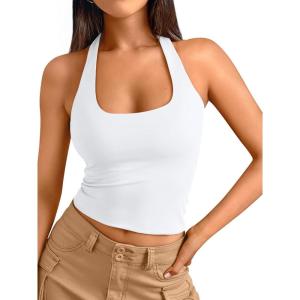 imageTrendy Queen Halter Tops for Women 2025 Summer Going Out Tops Backless Crop Sleeveless Workout Shirts Cute Y2k ClothesWhite