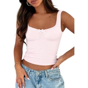 imageTrendy Queen Summer Tops for Women Going Out Teen Girls Cute Crop Tank Top Y2K Basic Bow Clothes Square Neck 2025 CamisolePink