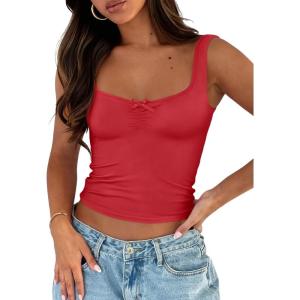 imageTrendy Queen Summer Tops for Women Going Out Teen Girls Cute Crop Tank Top Y2K Basic Bow Clothes Square Neck 2025 CamisoleRed