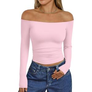 imageTrendy Queen Womens Long Sleeve Off The Shoulder Tops Going Out Cute Basic Y2K Fall Fashion 2025 Outfits ClothesPink