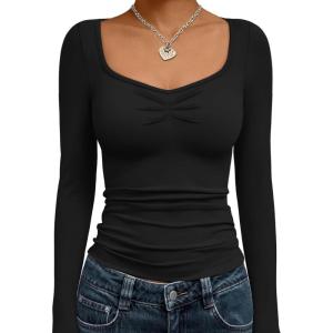 imageTrendy Queen Womens Long Sleeve Shirts Going Out Crop Tops Sweetheart Neck Workout TopsBlack