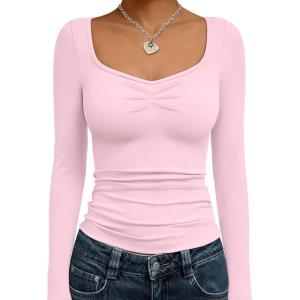 imageTrendy Queen Womens Long Sleeve Shirts Going Out Crop Tops Sweetheart Neck Workout TopsPink