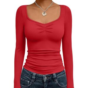 imageTrendy Queen Womens Long Sleeve Shirts Going Out Crop Tops Sweetheart Neck Workout TopsRed