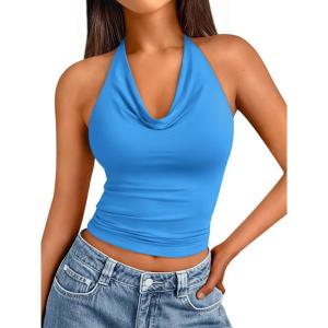 imageTrendy Queen Womens Summer Halter Tops Going Out Crop Top 2025 Fashion Cowl Neck Shirts Backless Sexy Cute Y2K ClothesBlue
