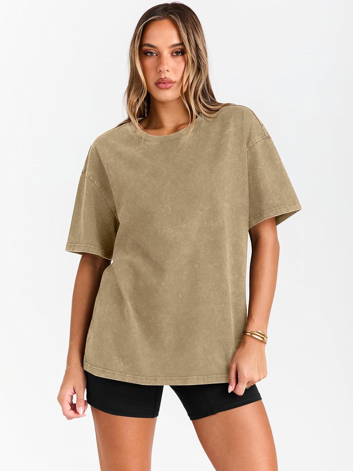 imageTrendy Queen Oversized Vintage T Shirts for Women Graphic Summer Top 2025 Y2k Short Sleeve Basic Cute Grunge ClothesKhaki