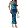 imageTrendy Queen Bodycon Maxi Dress Womens Sleeveless Floral Print Fitted Party Club Ruched Dresses with Side SlitBlue