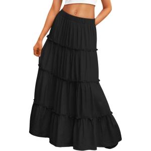 imageTrendy Queen Long Skirts for Women Boho Maxi Skirt Summer Swing Tiered ALine Elastic High Waist Dress with Pockets FashionBlack