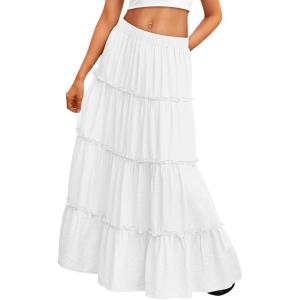imageTrendy Queen Long Skirts for Women Boho Maxi Skirt Summer Swing Tiered ALine Elastic High Waist Dress with Pockets FashionWhite