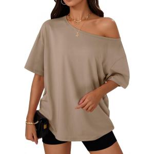 imageTrendy Queen Womens Off The Shoulder Tops Oversized TShirts Short Sleeve Tees Summer 2025 Casual Spring Fashion ClothesCoffeegrey