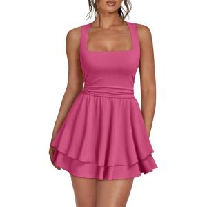 imageTrendy Queen Womens Square Neck Summer Party Flowy Ruffle Hem Ruched Waist Mini DressPink