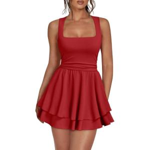 imageTrendy Queen Womens Square Neck Summer Party Flowy Ruffle Hem Ruched Waist Mini DressRed